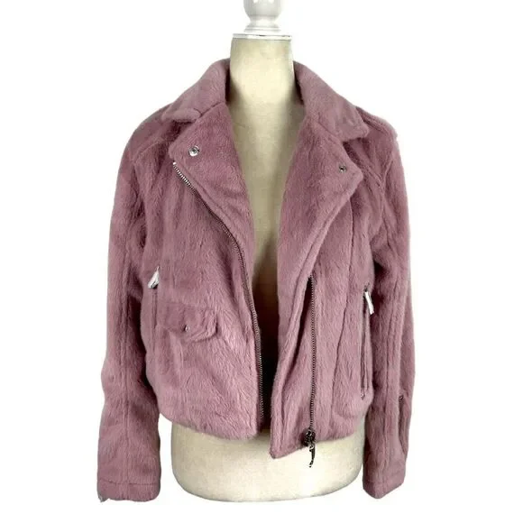 Juicy Couture Blush Pink Faux Fur Plush Moto Jacket Alexa Crop Size Small NWT